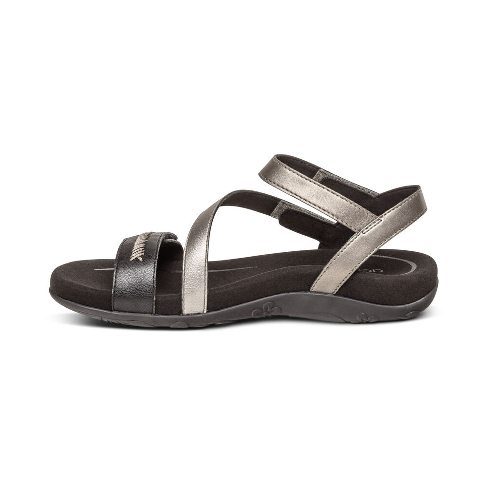 Aetrex Women's Gabby Adjustable Quarter Strap Sandals - Black | USA VVJSWSN